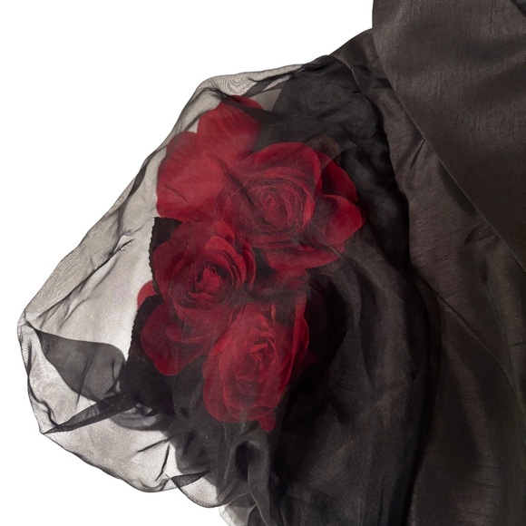 Victor Costa Black Wrap Top w/ Sheer Puff Sleeves & 3D Rose Detail | Size 10 - Picture 5 of 10